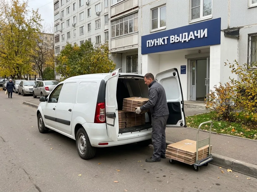 Сотрудник НольКоробок загружает сложенный картон из ПВЗ в белый фургон